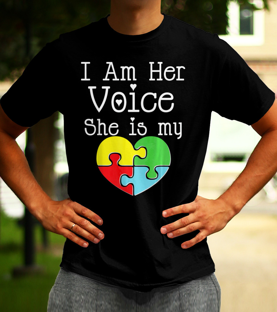 I Am Her Voice She Is My Heart Autism Puzzle Heart T-Shirt