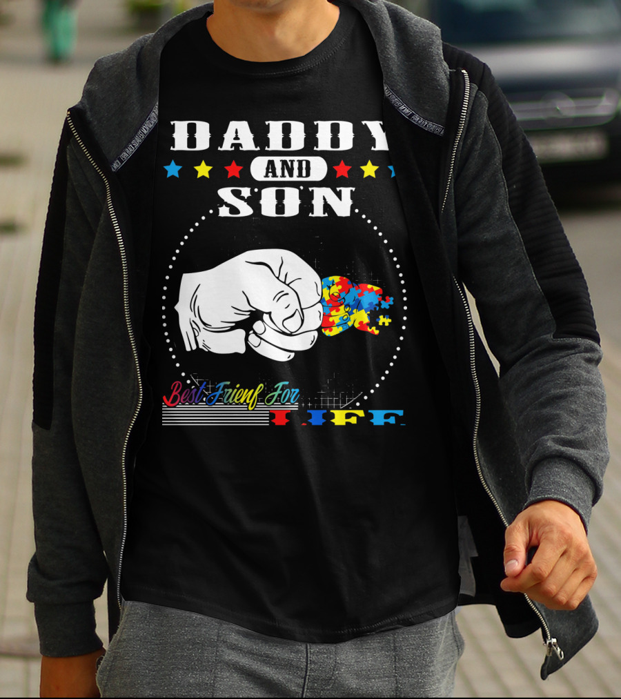 Daddy And Son Best Friends For Life Autism Awareness Puzzle Fist Bump T-Shirt