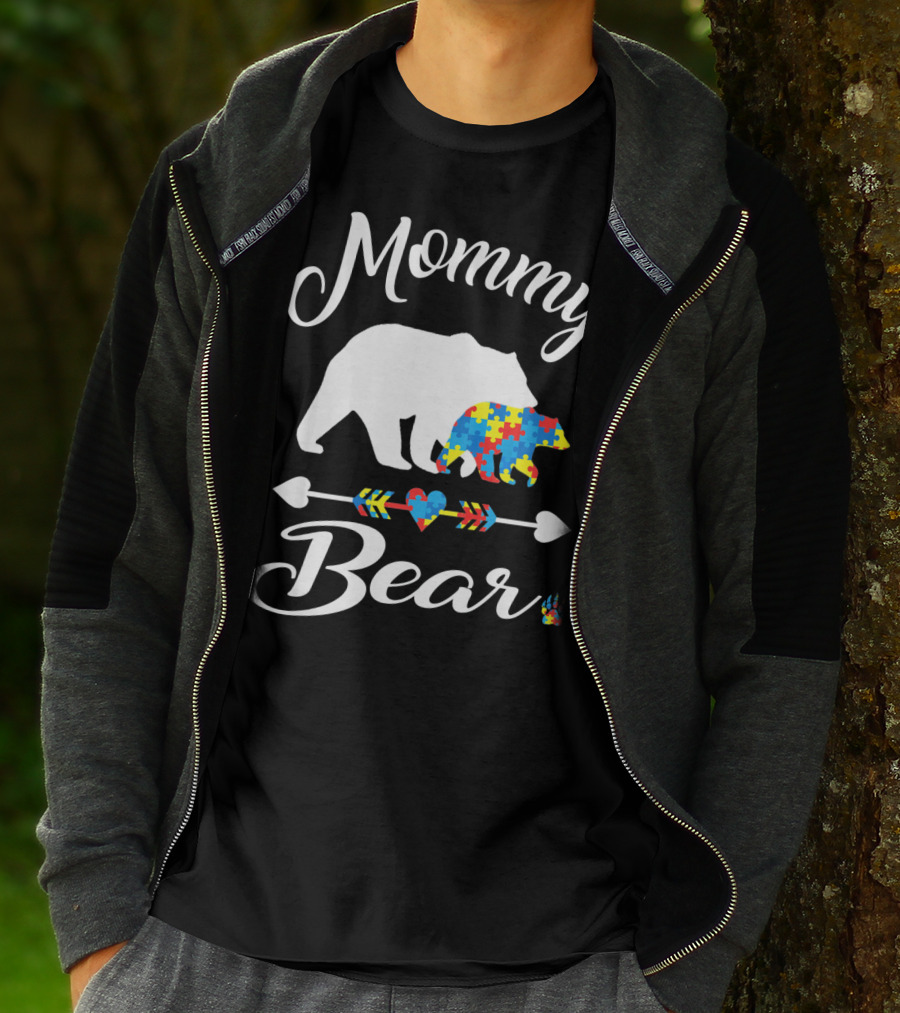 Mommy Bear Autism Awareness Puzzle Pattern Heart T-Shirt