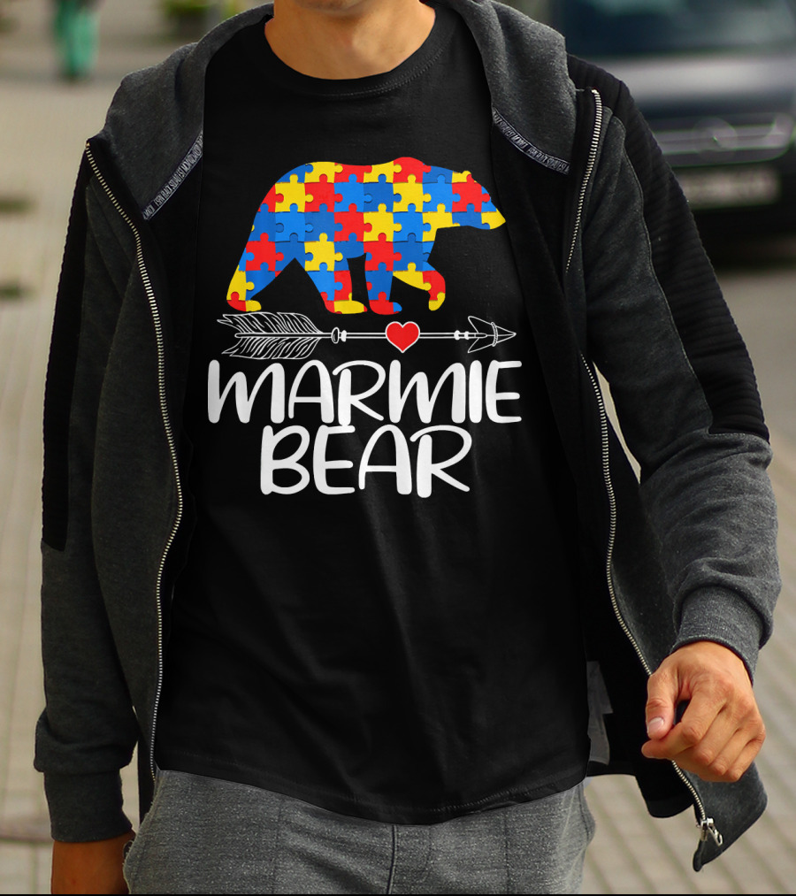 Marmie Bear Autism Awareness Puzzle Heart Arrow T-Shirt