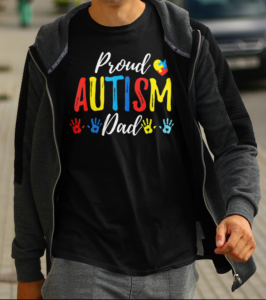 Proud Dad Autism Awareness Heart And Handprints T-Shirt