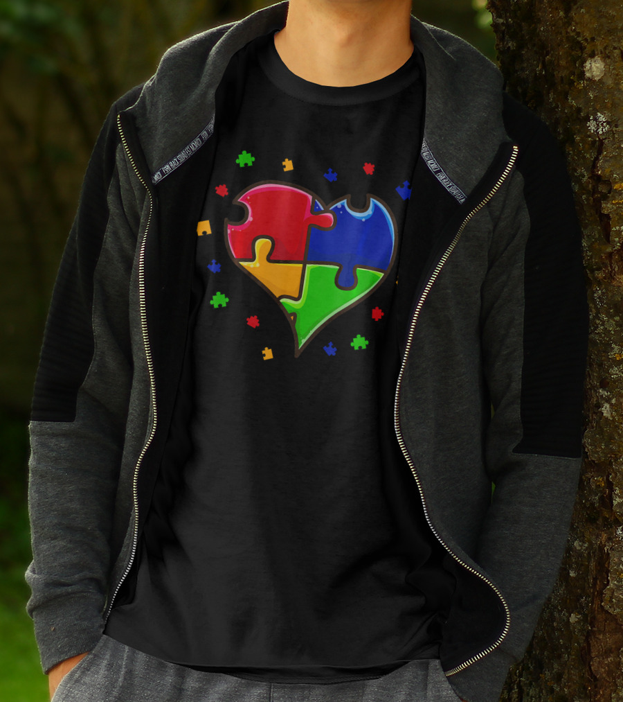 Autism Awareness Month Love Heart Puzzle Pieces T-Shirt