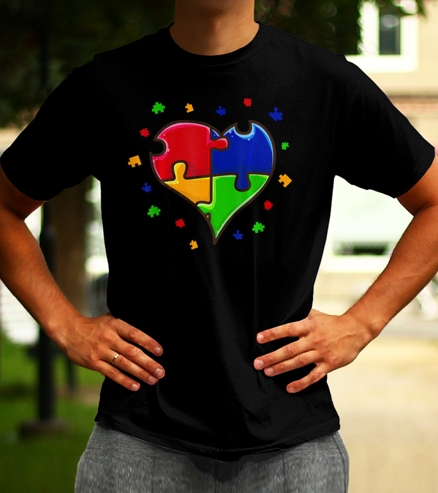 Autism Awareness Month Love Heart Puzzle Pieces T-Shirt