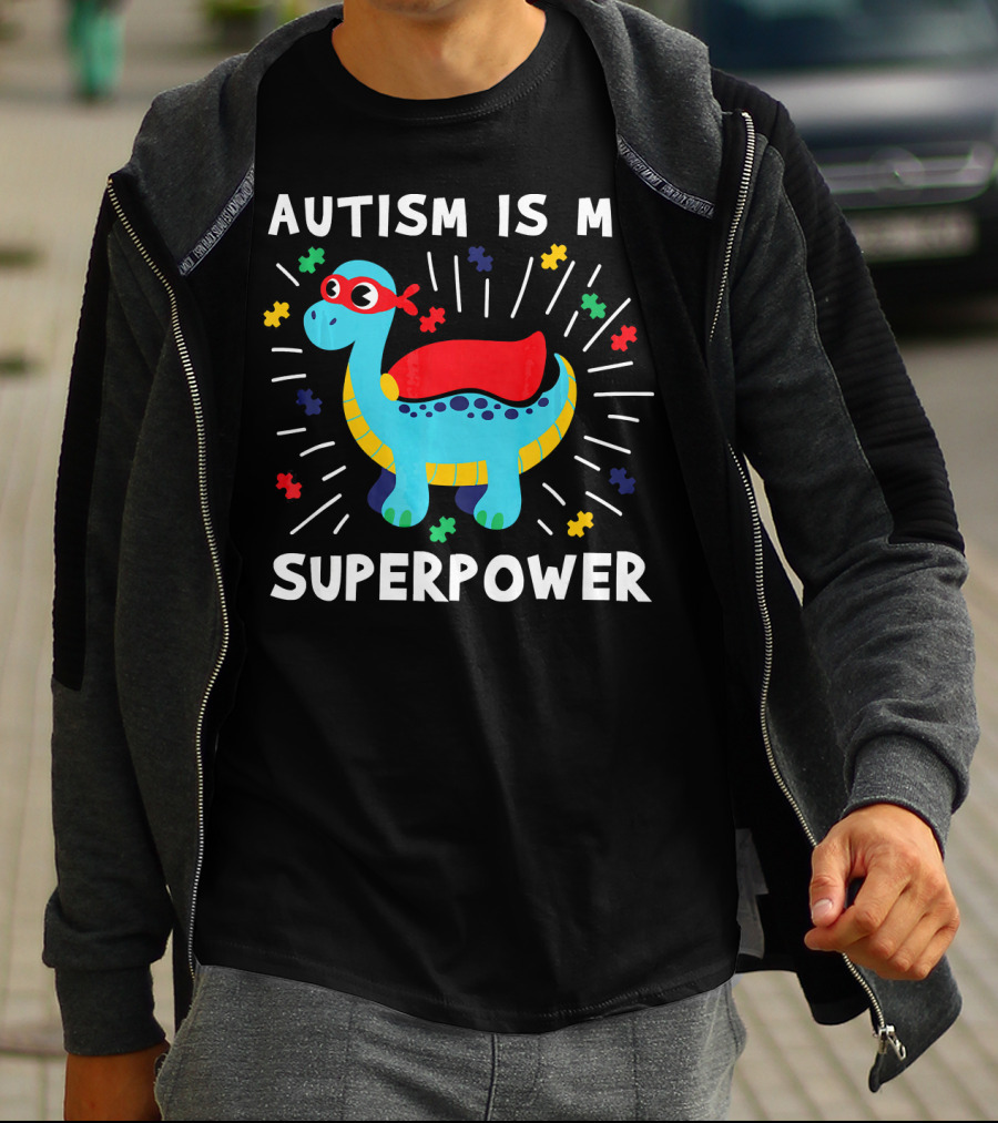 Autism Is My Superpower Dinosaur With Puzzle Pieces And Hero Cape T-Shirt