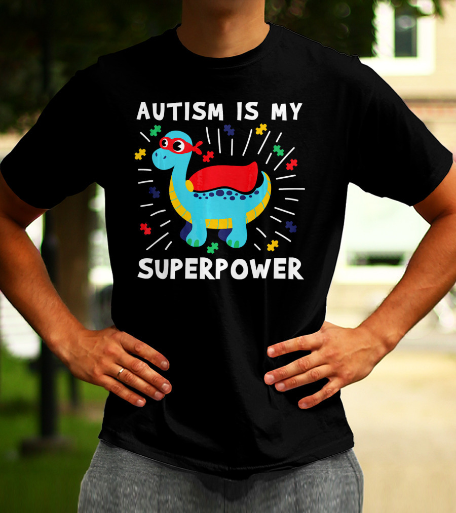 Autism Is My Superpower Dinosaur With Puzzle Pieces And Hero Cape T-Shirt