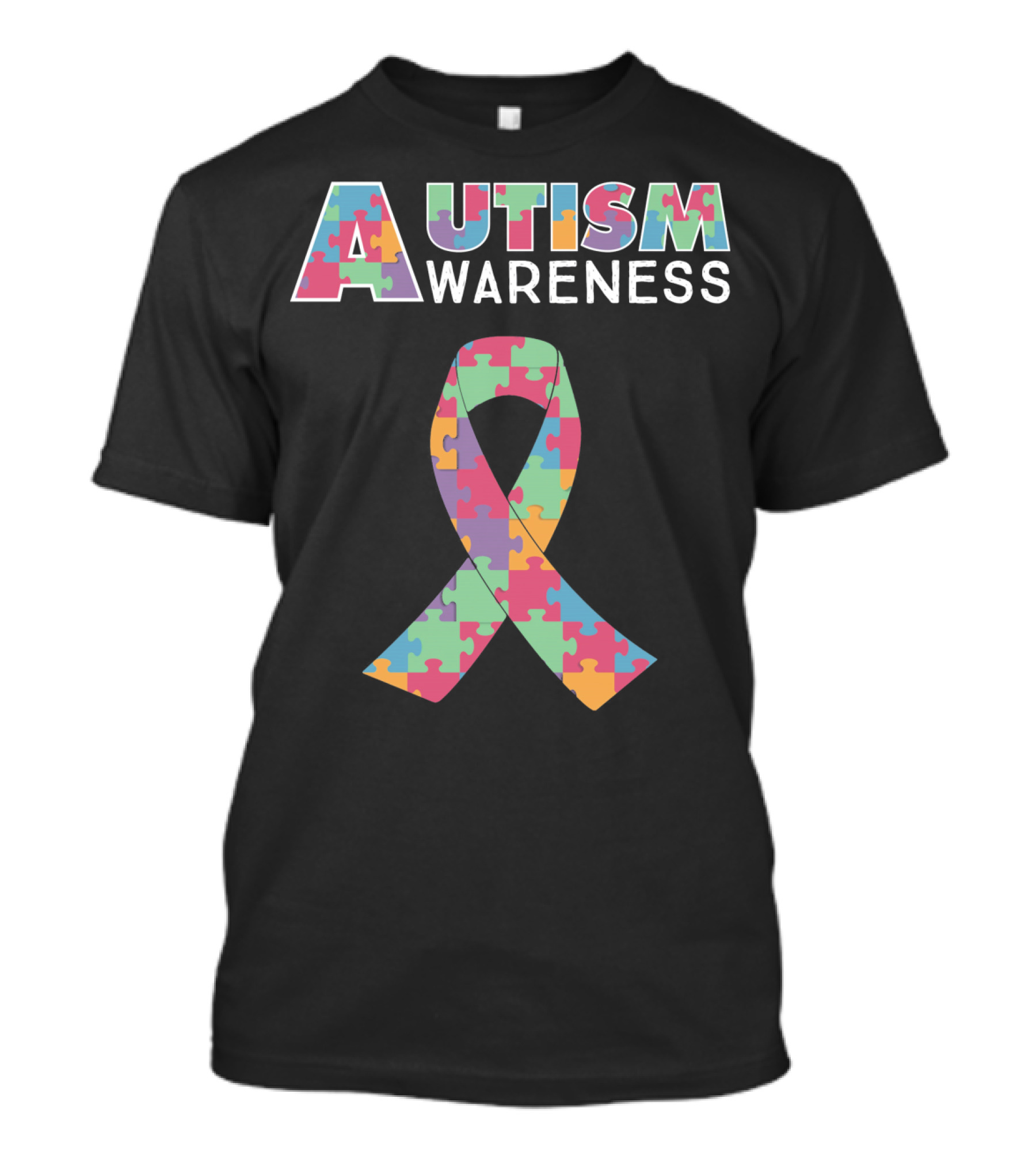 Autism Awareness Puzzle Ribbon And Colored Lettering T-Shirt