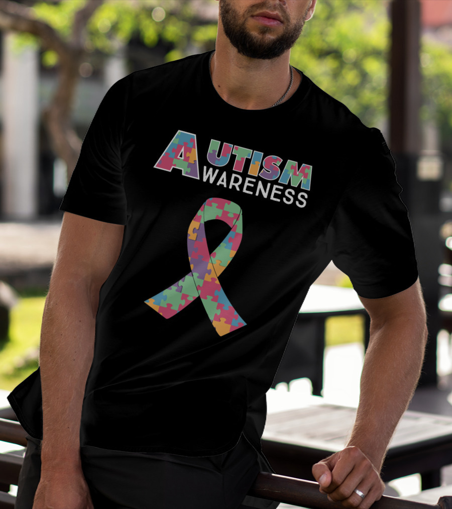 Autism Awareness Puzzle Ribbon And Colored Lettering T-Shirt