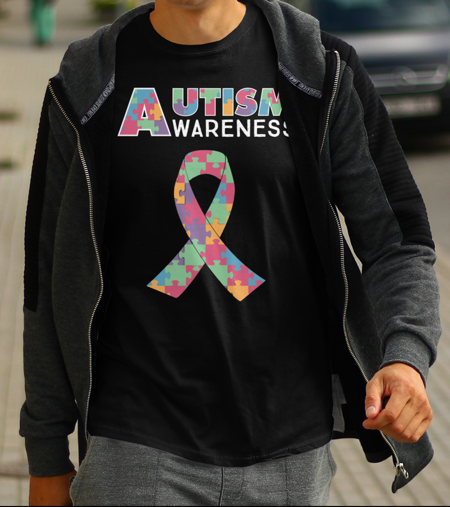 Autism Awareness Puzzle Ribbon And Colored Lettering T-Shirt