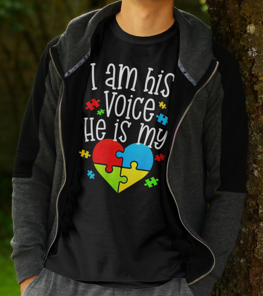 I Am His Voice He Is My Heart Autism Puzzle Pieces T-Shirt