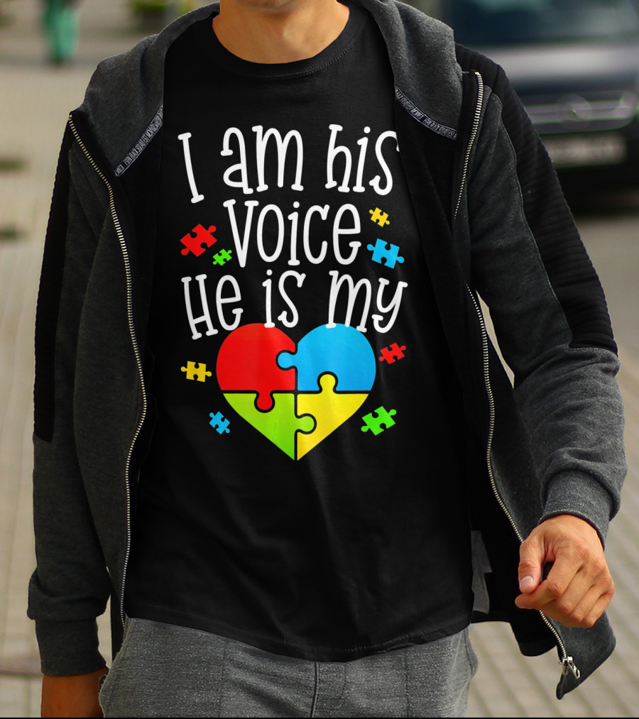 I Am His Voice He Is My Heart Autism Puzzle Pieces T-Shirt