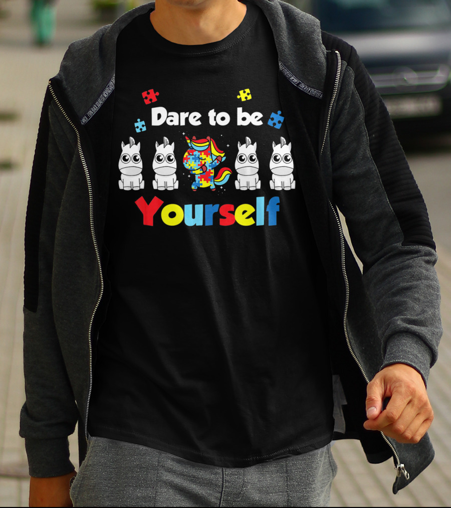 Dare To Be Yourself Unicorn Dabbing Autism Puzzle Pieces T-Shirt