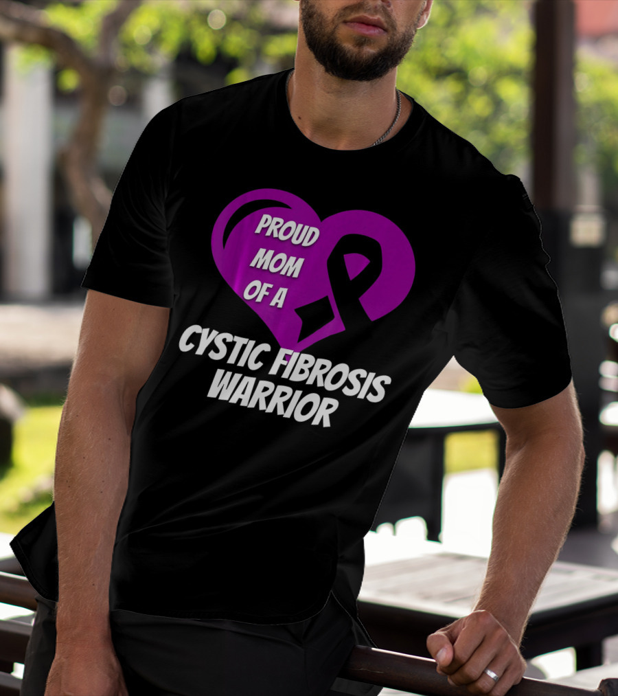 Proud Mom Of A Cystic Fibrosis Warrior Purple Ribbon Heart T-Shirt