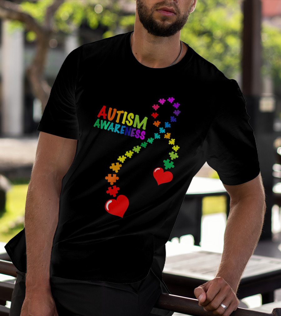 Autism Awareness Puzzle Heart Ribbon Rainbow T-Shirt