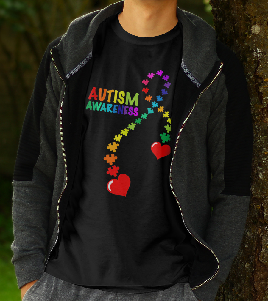 Autism Awareness Puzzle Heart Ribbon Rainbow T-Shirt