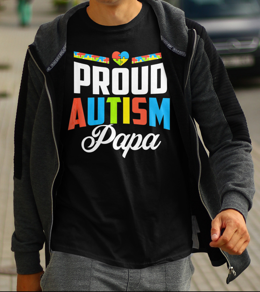 Proud Autism Papa Puzzle Heart Awareness Support T-Shirt