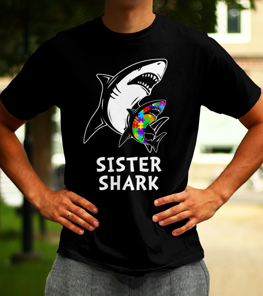 Sister Shark Autism Awareness Puzzle T-Shirt