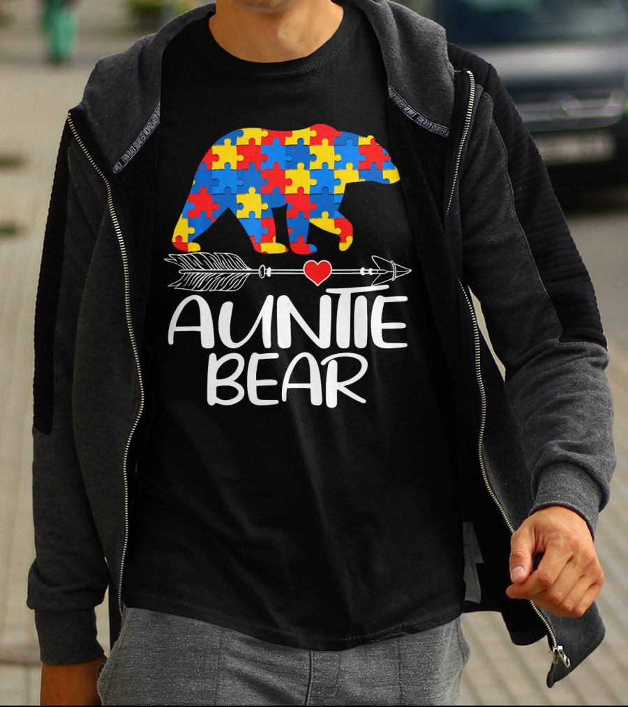Autism Awareness Auntie Bear Puzzle Heart Arrow T-Shirt
