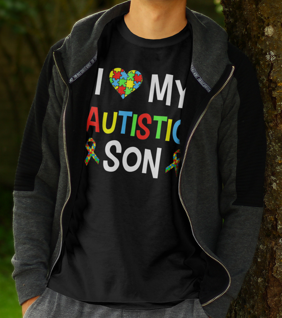 I Love My Autistic Son With Puzzle Heart And Autism Awareness Ribbons T-Shirt
