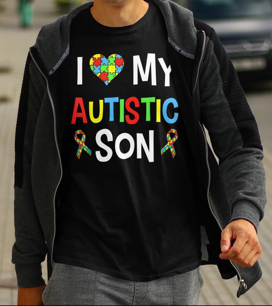 I Love My Autistic Son With Puzzle Heart And Autism Awareness Ribbons T-Shirt