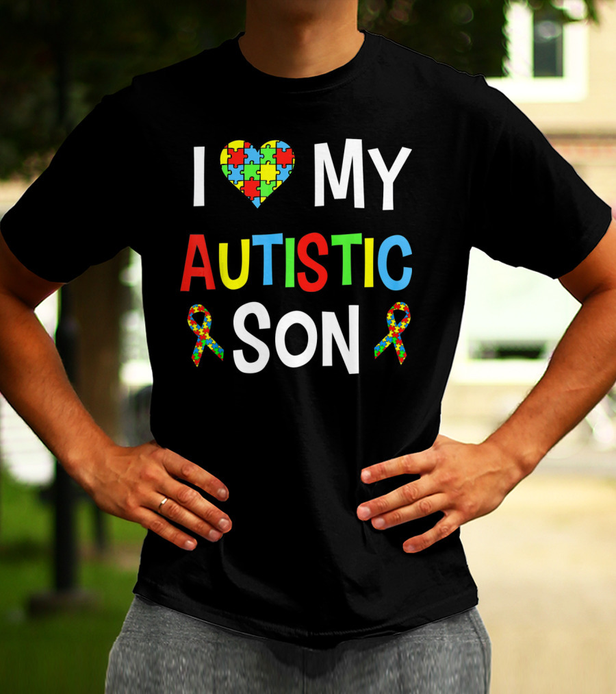 I Love My Autistic Son With Puzzle Heart And Autism Awareness Ribbons T-Shirt