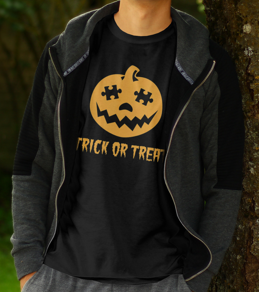 Trick Or Treat Halloween Autism Awareness Pumpkin Puzzle T-Shirt