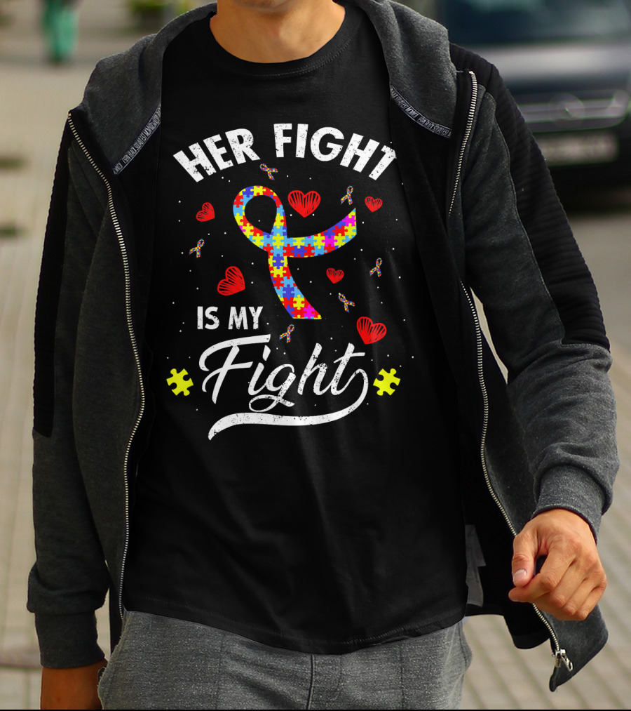 Her Fight Is My Fight Puzzle Ribbon Hearts Autism Awareness T-Shirt
