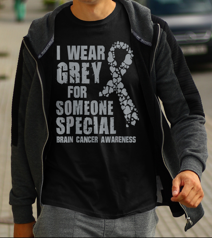 I Wear Grey For Someone Special Brain Cancer Awareness Ribbon Hearts T-Shirt