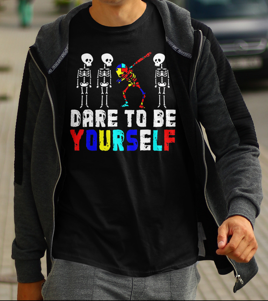 Dare To Be Yourself Skeleton Dabbing Autism Puzzle Colors T-Shirt