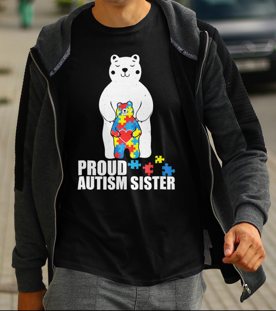 Proud Autism Sister Bear Puzzle Heart Multicolor T-Shirt