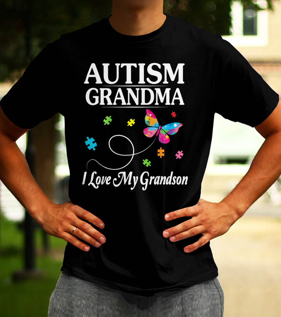 Autism Grandma I Love My Grandson Butterfly Puzzle Pieces T-Shirt