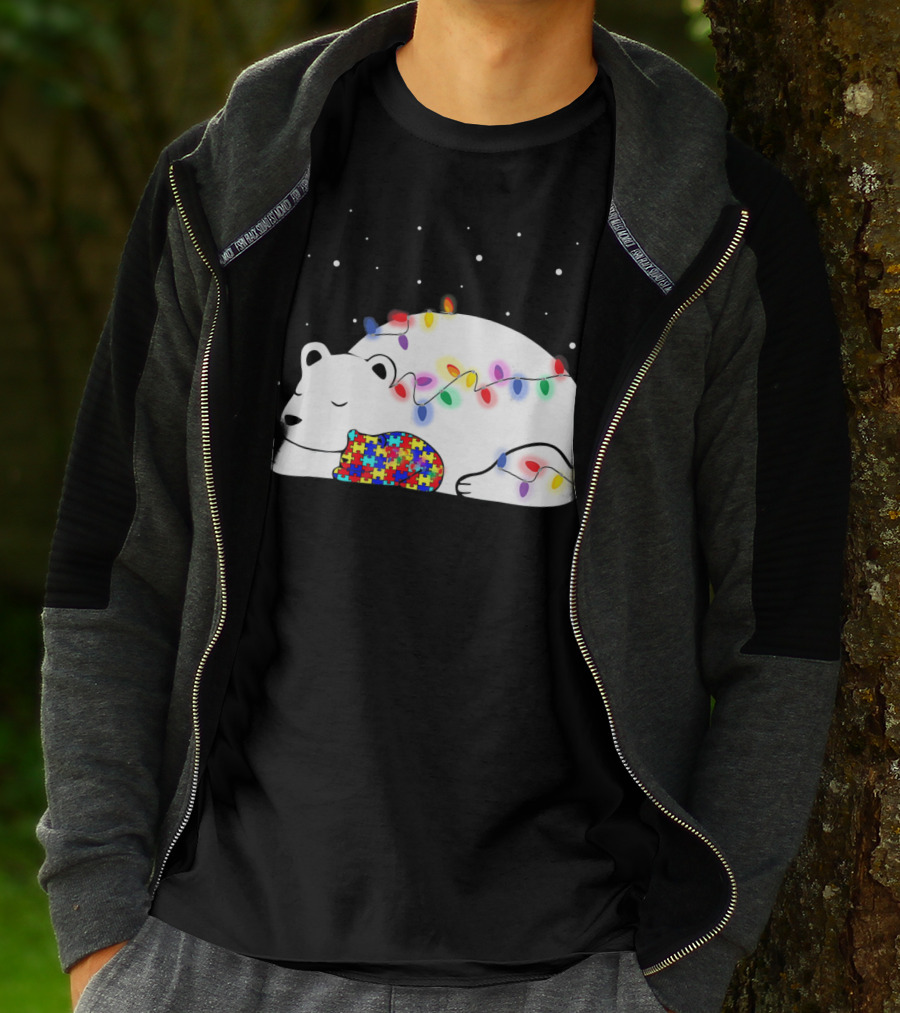 Autism Awareness Mama Bear Christmas Lights Puzzle T-Shirt