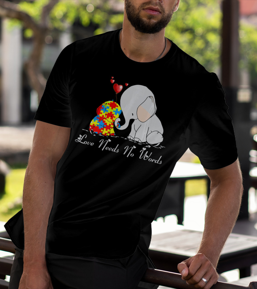 Love Needs No Words Autism Awareness Elephant Puzzle Hearts T-Shirt