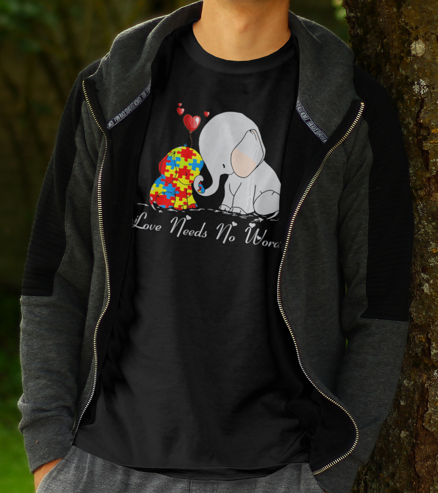 Love Needs No Words Autism Awareness Elephant Puzzle Hearts T-Shirt