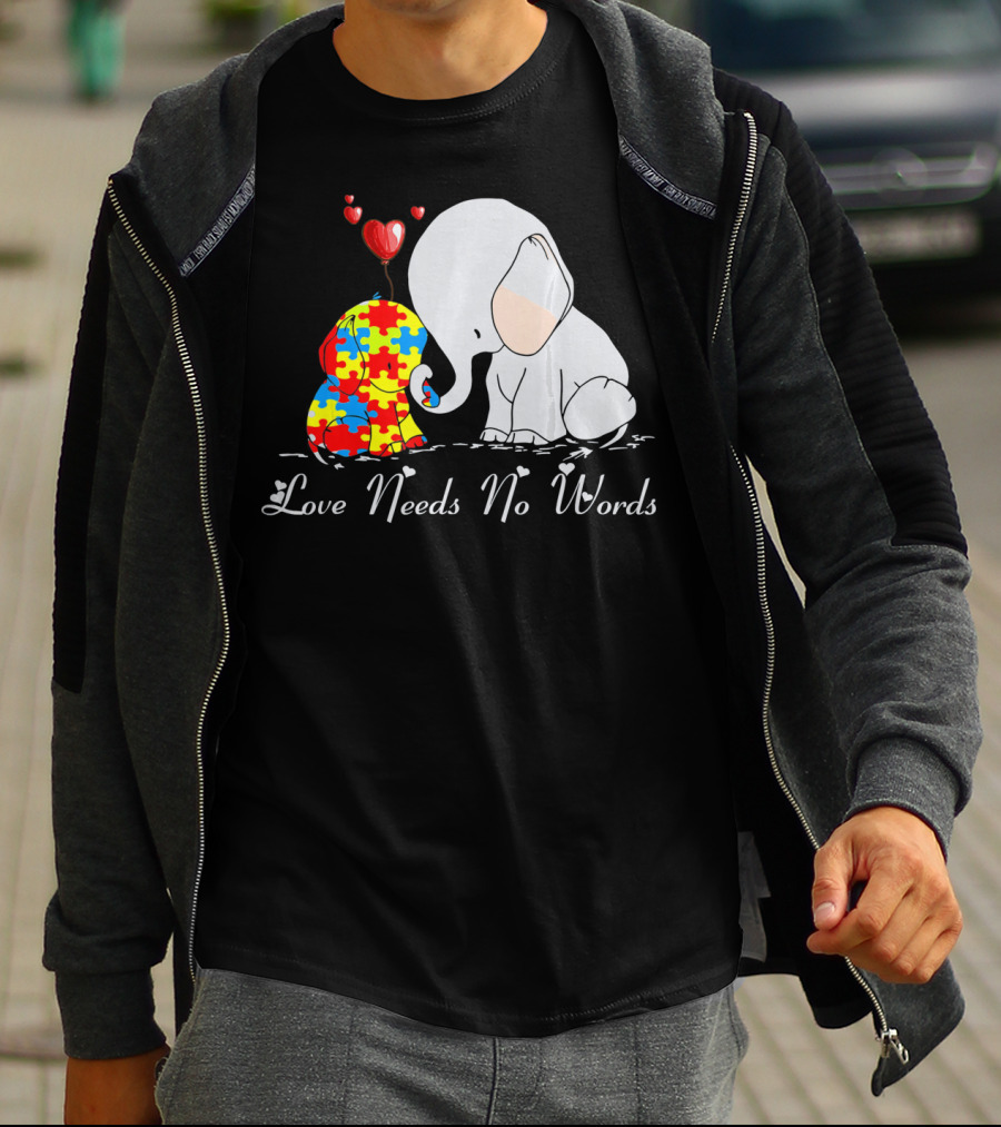Love Needs No Words Autism Awareness Elephant Puzzle Hearts T-Shirt