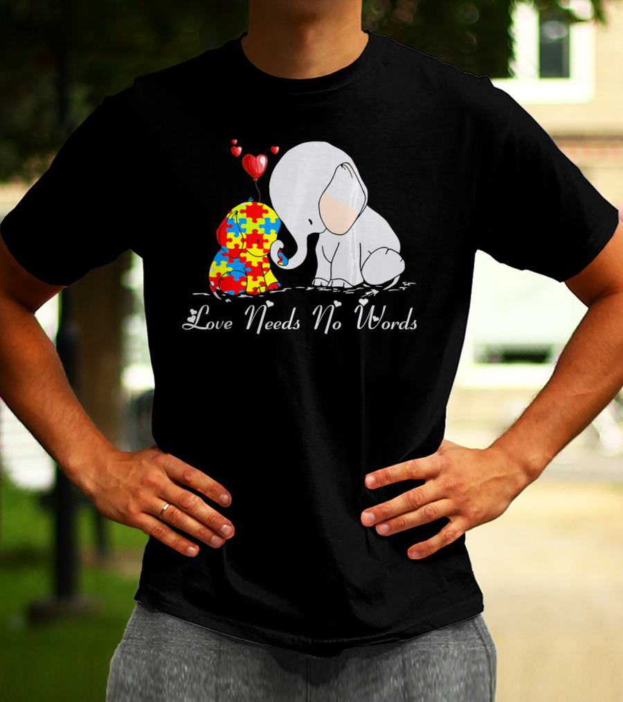Love Needs No Words Autism Awareness Elephant Puzzle Hearts T-Shirt