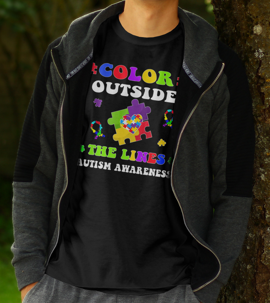 Color Outside The Lines Autism Awareness Puzzle Piece Heart T-Shirt