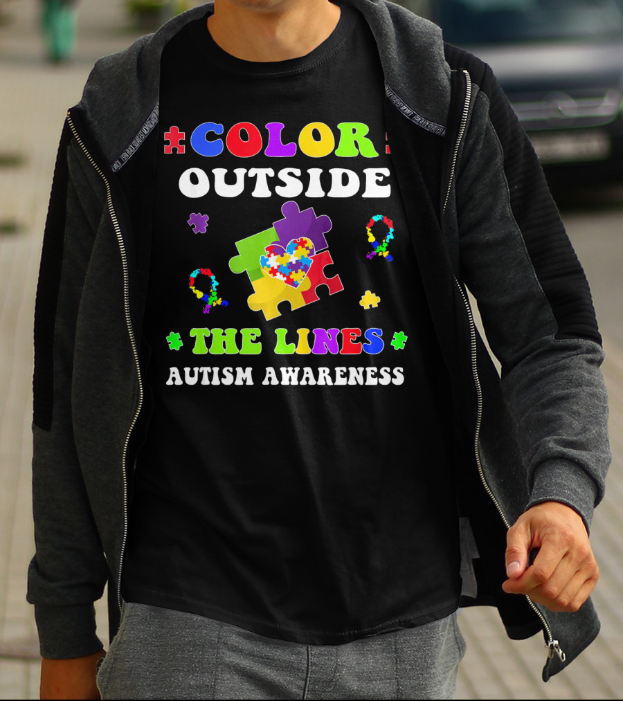 Color Outside The Lines Autism Awareness Puzzle Piece Heart T-Shirt