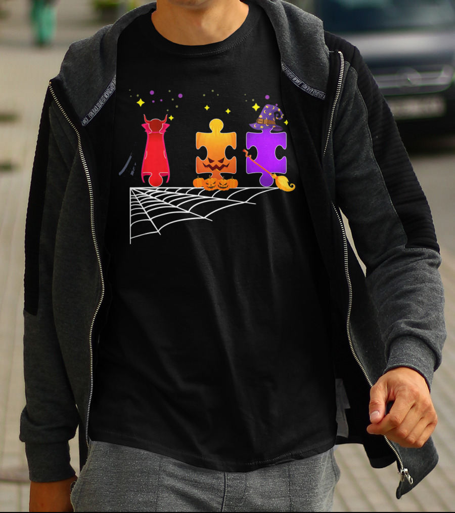 Autism Puzzle Pieces Halloween Witch And Vampire T-Shirt