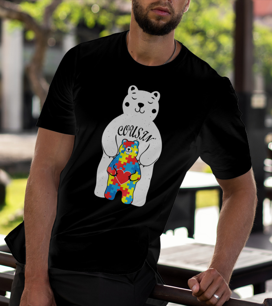 Cousin Bear Holding Autism Awareness Puzzle Heart ASD T-Shirt