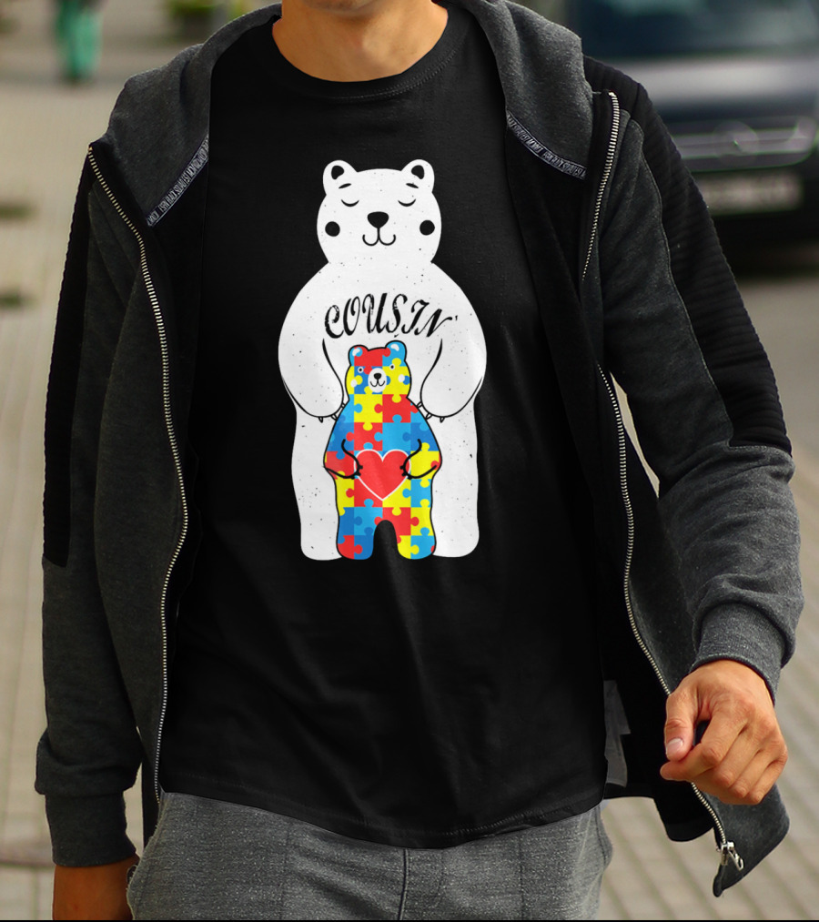 Cousin Bear Holding Autism Awareness Puzzle Heart ASD T-Shirt