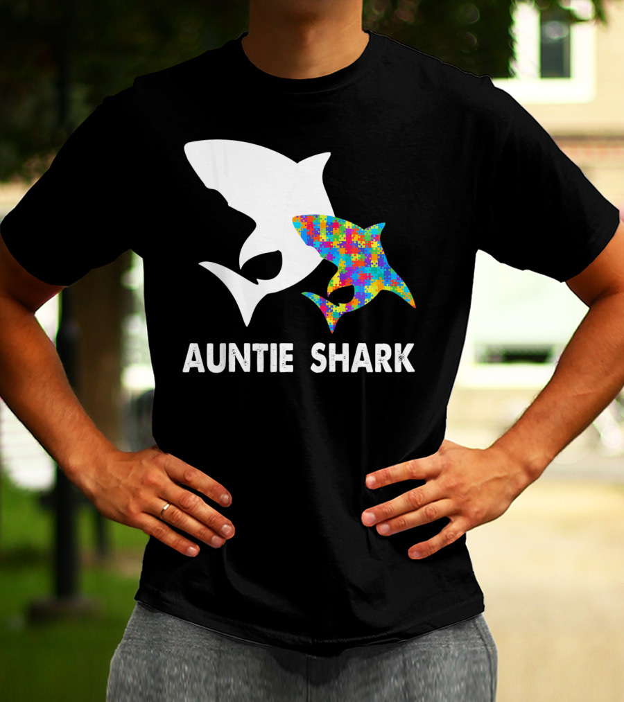 Auntie Shark Autism Puzzle Piece Warrior T-Shirt