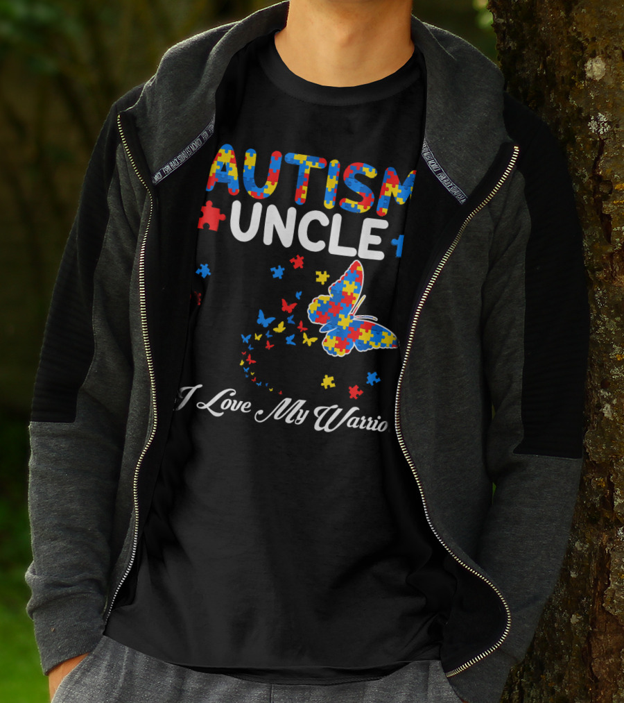 Autism Uncle I Love My Warrior Butterfly Puzzle Pieces T-Shirt