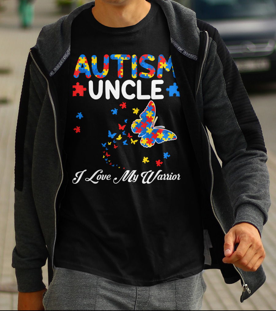 Autism Uncle I Love My Warrior Butterfly Puzzle Pieces T-Shirt
