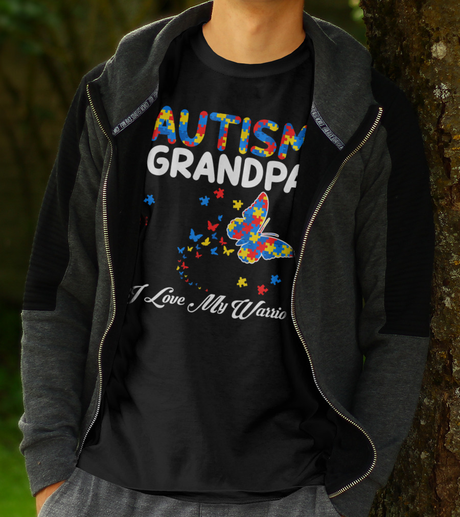 Autism Grandpa I Love My Warrior Butterfly Puzzle T-Shirt
