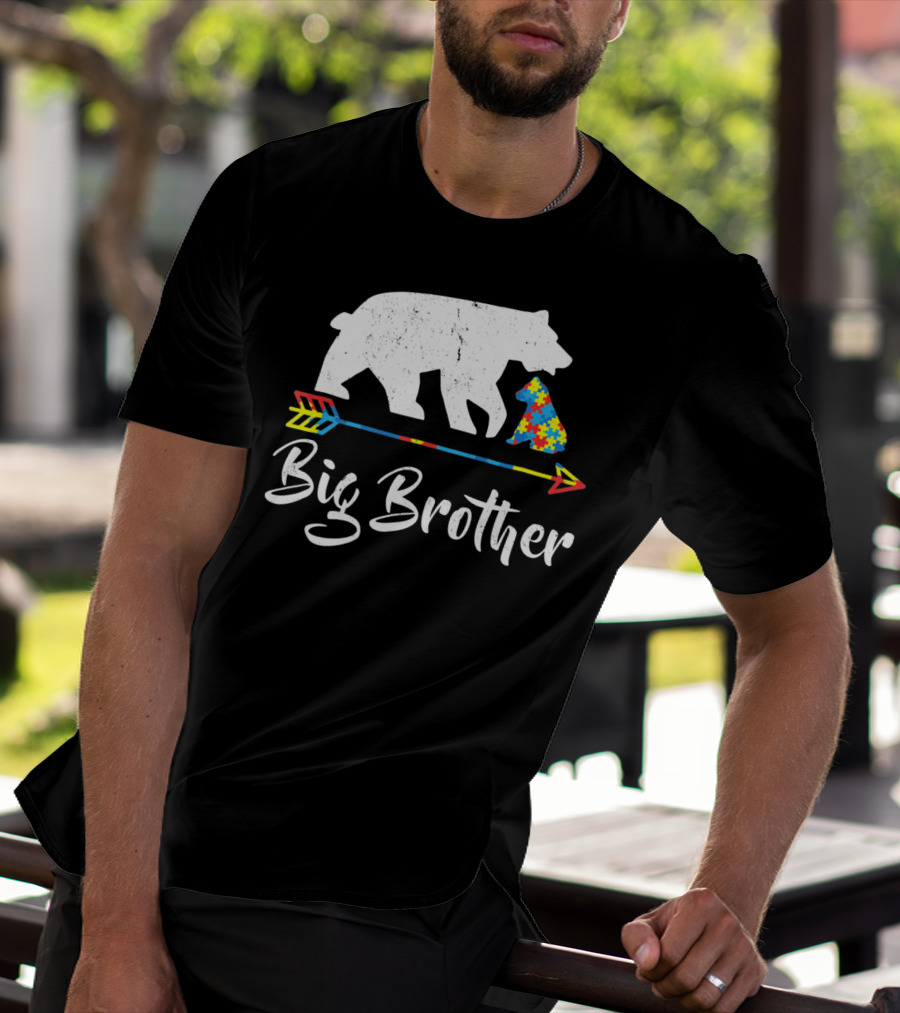 Big Brother Bear Autism Awareness Puzzle Pattern Arrow T-Shirt