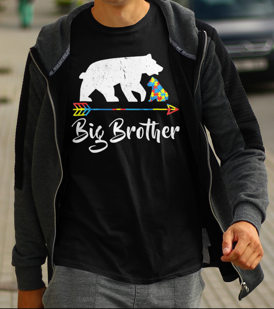Big Brother Bear Autism Awareness Puzzle Pattern Arrow T-Shirt