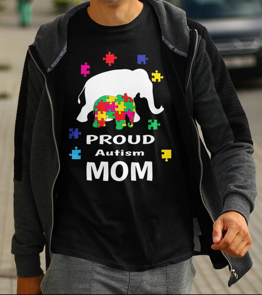 Proud Autism Mom Elephant Puzzle Piece Awareness T-Shirt