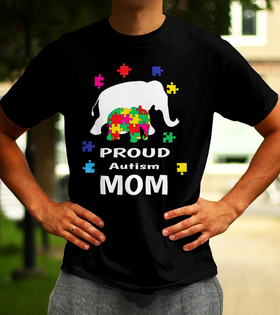 Proud Autism Mom Elephant Puzzle Piece Awareness T-Shirt