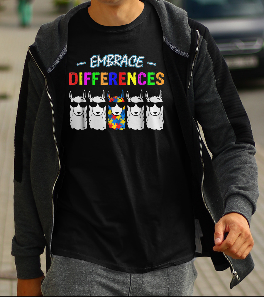 Embrace Differences Llama Autism Awareness Puzzle T-Shirt