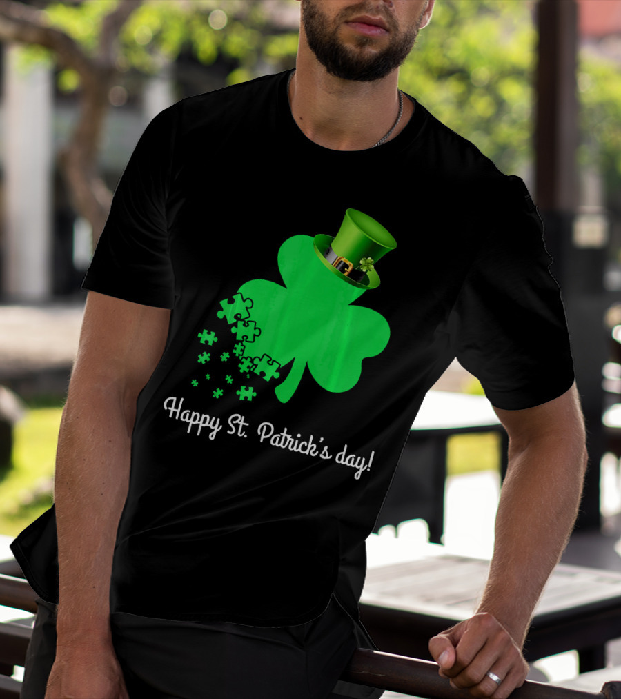 Happy St. Patrick's Day Shamrock With Puzzle Pieces Autism Awareness T-Shirt